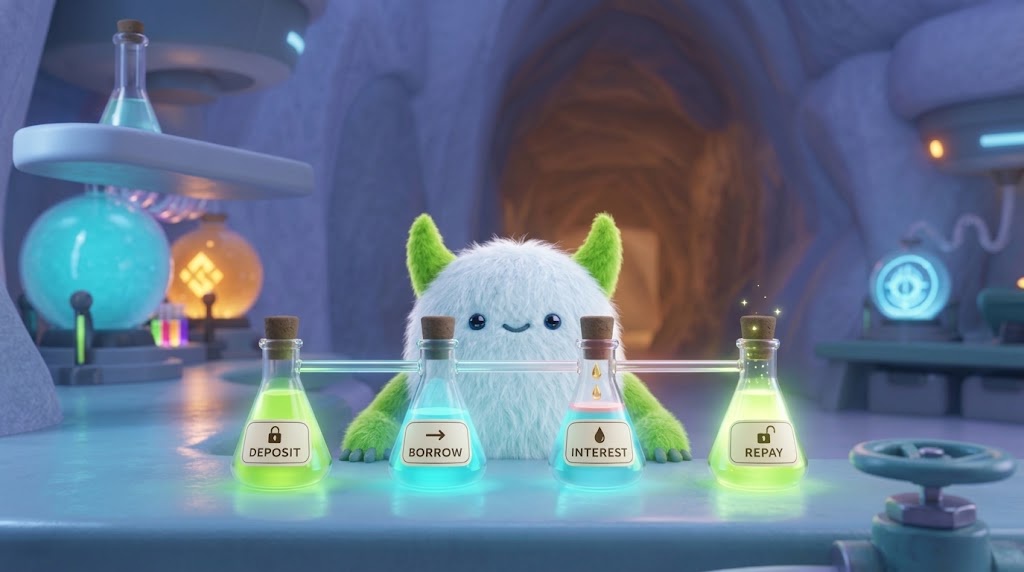 Four flasks in front of the Yeti: deposit the meme, borrow stables, interest grows the debt, repay to get the meme back